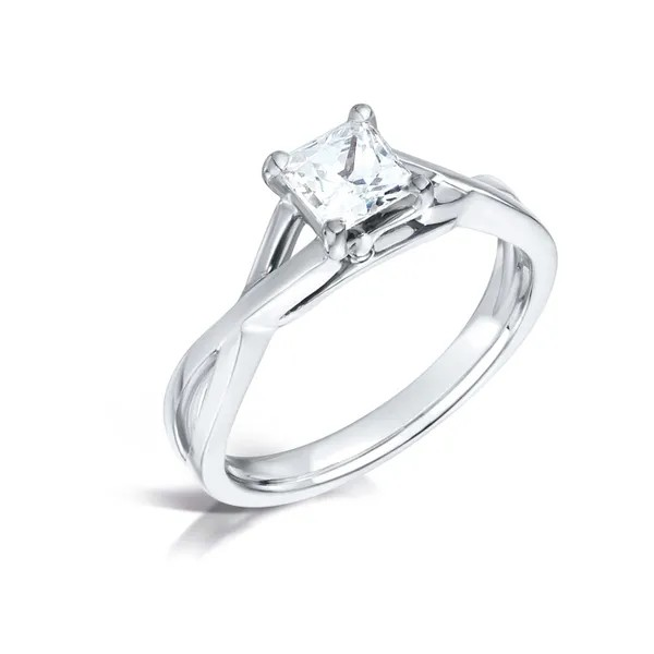 Princess Cut Diamond Solitaire Engagement Ring Harrogate Twisted band set with 18ct white gold fogal and barnes fine jewellers of harrogate