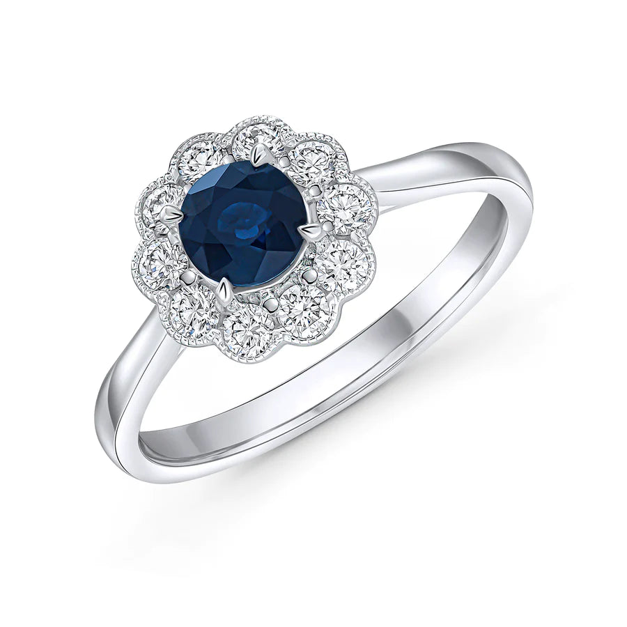 Round Brilliant Sapphire and Diamond Cluster Engagement Ring Harrogate Fine Jewellers Fogal and Barnes