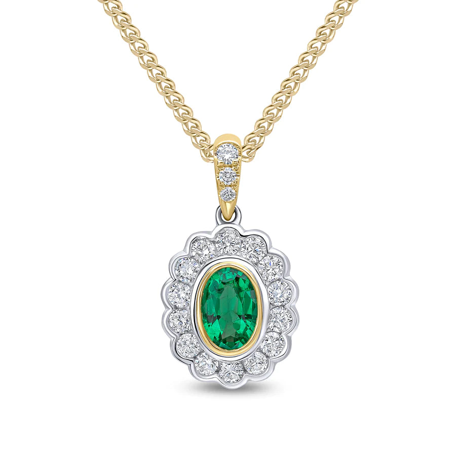 YELLOW & WHITE GOLD OVAL EMERALD & DIAMOND PENDANT