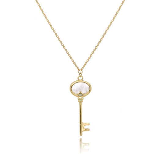 9K YELLOW GOLD MOTHER OF PEARL KEY AND CZ NECKLACE- HARROGATE