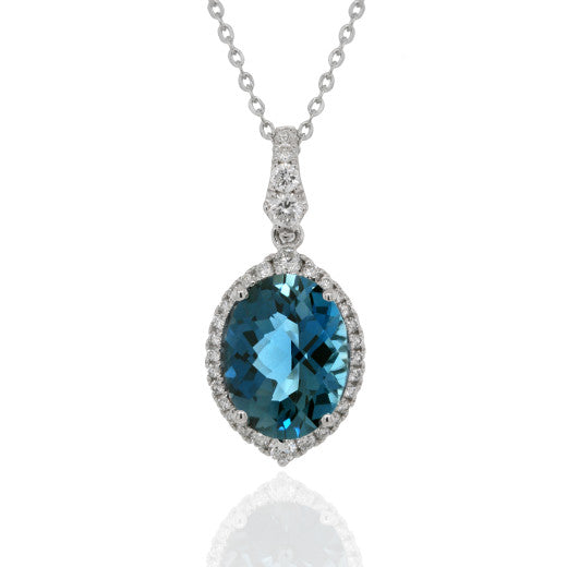 9K WHITE GOLD DIAMOND AND BLUE TOPAZ PENDANT NECKLACE- HARROGATE