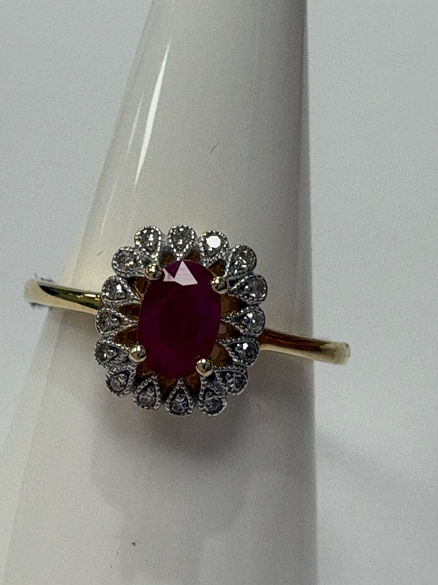 ruby and diamond ring, ruby cluster ring, 14ct gold ruby ring, second hand ruby ring UK, pre-loved ruby ring, vintage ruby ring, 0.50ct ruby ring, ruby halo ring, second hand jewellery Harrogate, second hand jewellery Leeds, second hand jewellery York, second hand jewellery Yorkshire, pre-owned ruby ring UK, antique style ruby ring, classic cluster ring, buy second hand ruby ring, ruby ring size N half, ruby ring near me, fine jewellery Harrogate, pre-loved jewellery Yorkshire