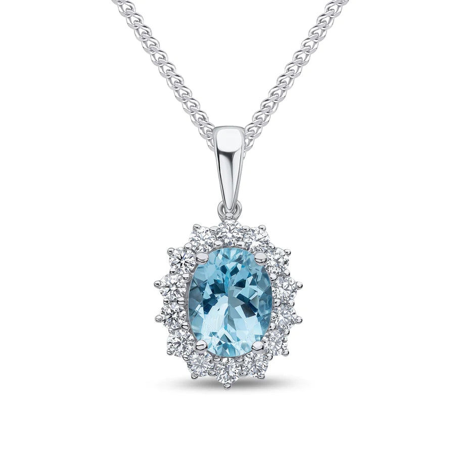 WHITE GOLD OVAL AQUAMARINE & DIAMOND CLUSTER PENDANT