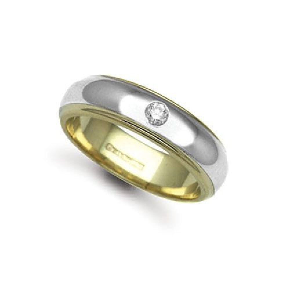 18ct yellow and white gold 6mm wedding ring with rubover-set natural diamond hand-made by Fogal & Barnes Harrogate