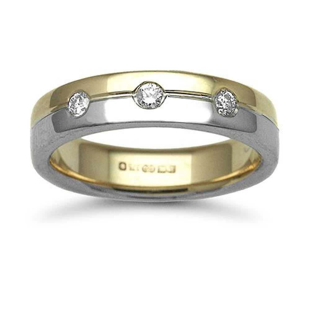 Elegant 18ct yellow and white gold three diamond rubover wedding ring hand-made by Fogal & Barnes Harrogate