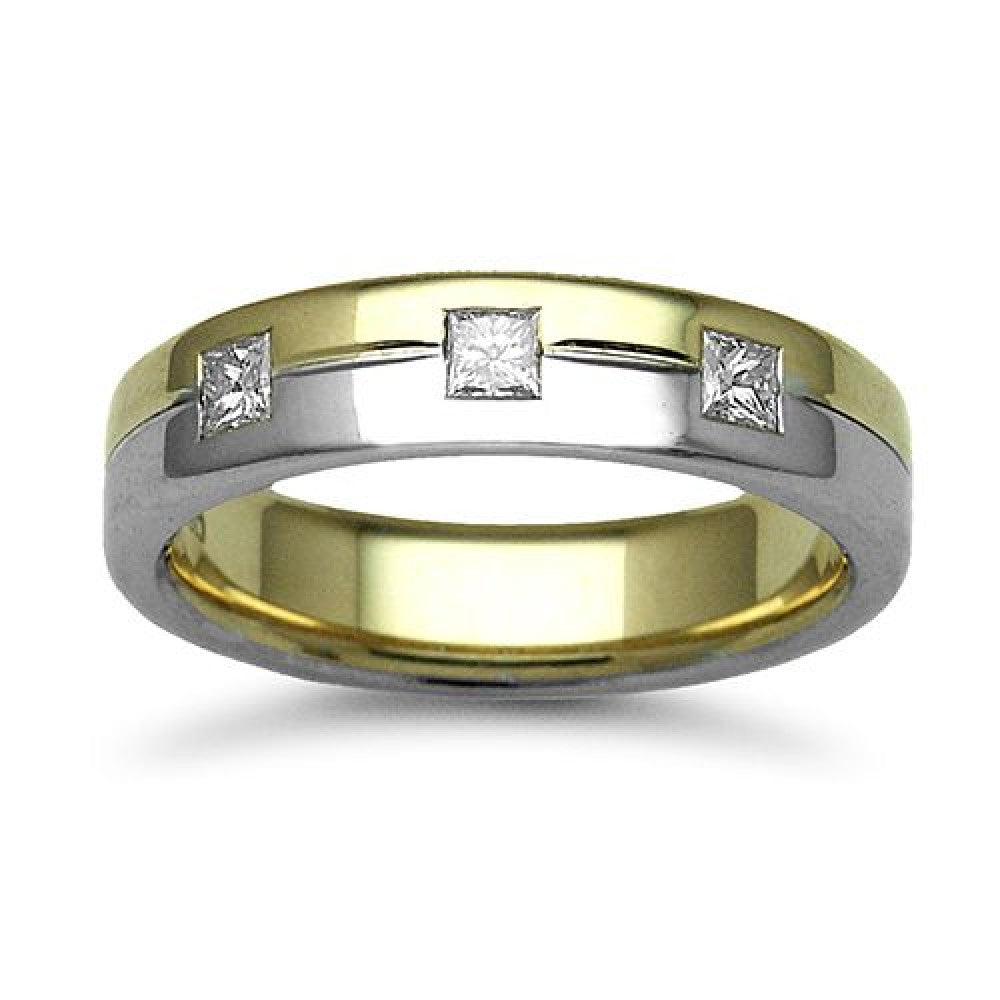 Bespoke 18ct two colour yellow and white gold three diamond rubover wedding ring hand-made by Fogal & Barnes Harrogate