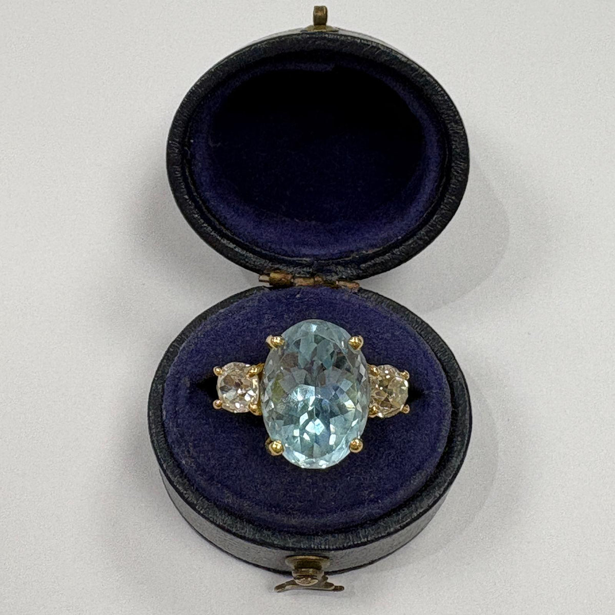aquamarine engagement ring, old mine cut diamond ring UK, aquamarine and diamond ring, three stone aquamarine ring, alternative engagement ring, antique diamond ring, March birthstone ring, 18ct gold aquamarine ring