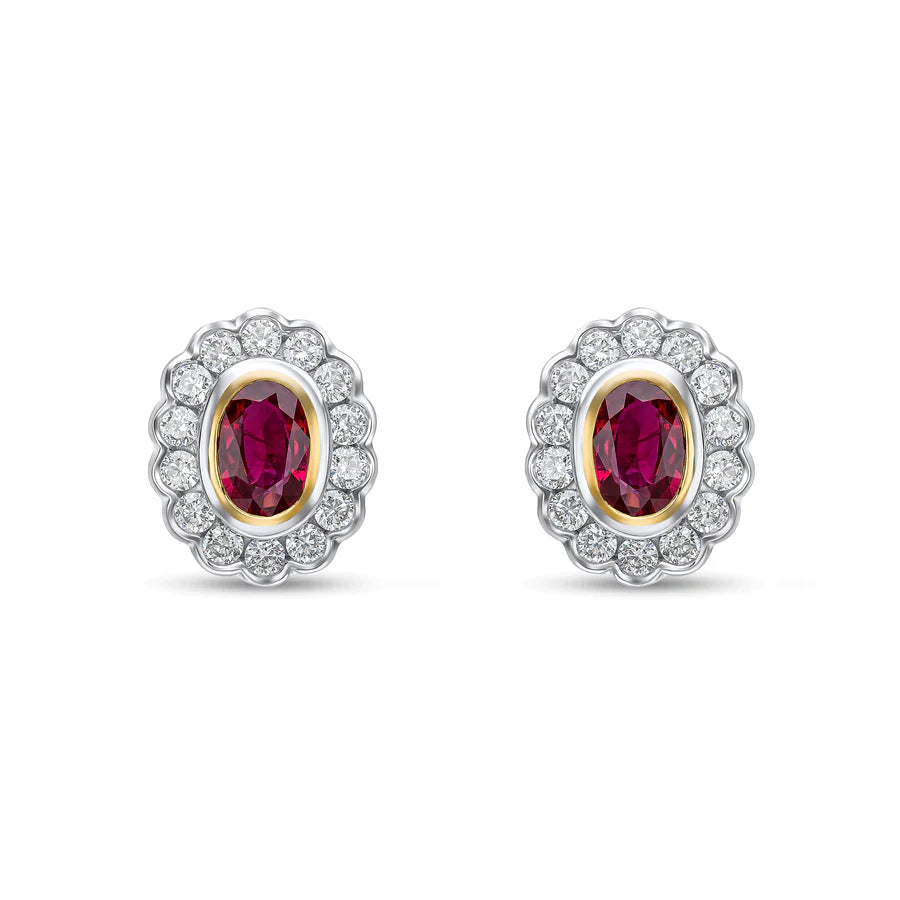 WHITE & YELLOW GOLD OVAL RUBY STUD EARRINGS