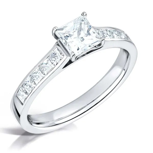 Princess cut diamond and channel set band solitaire engagement ring Harrogate set on 18ct white gold fogal and barnes fine jewellers independent