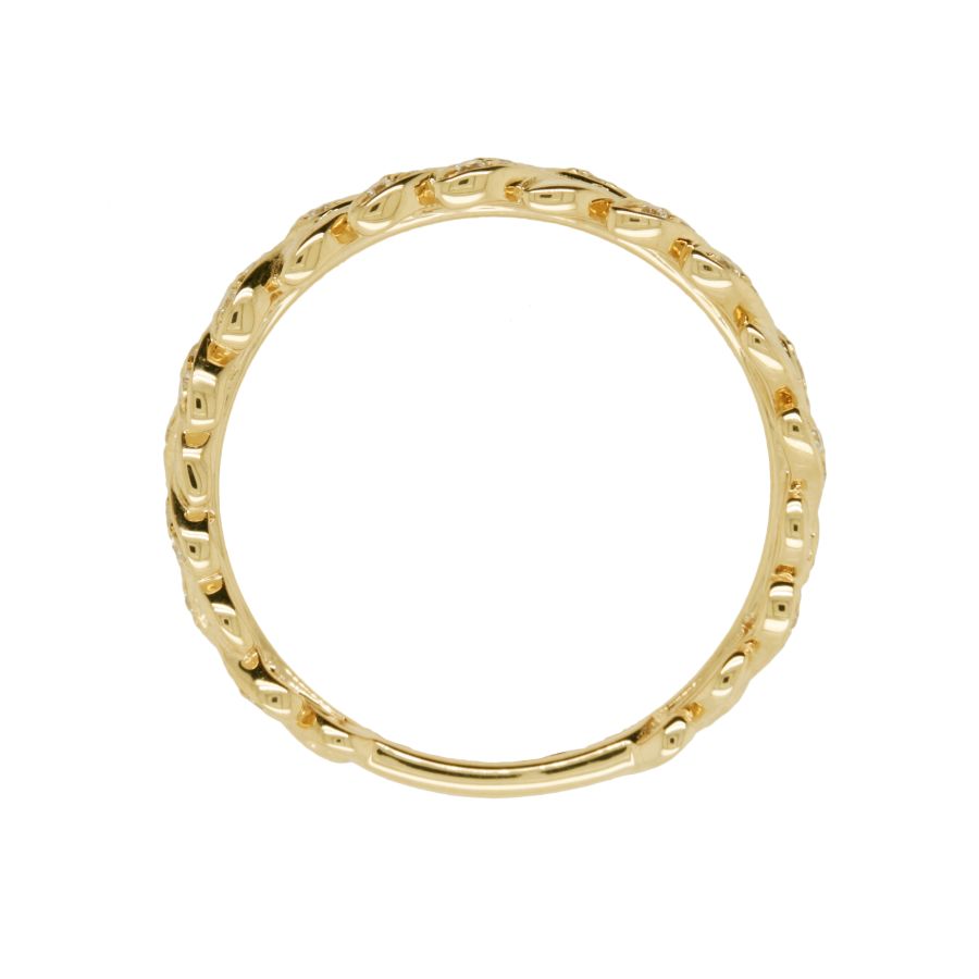 Gold ring with intricate design on a white background
