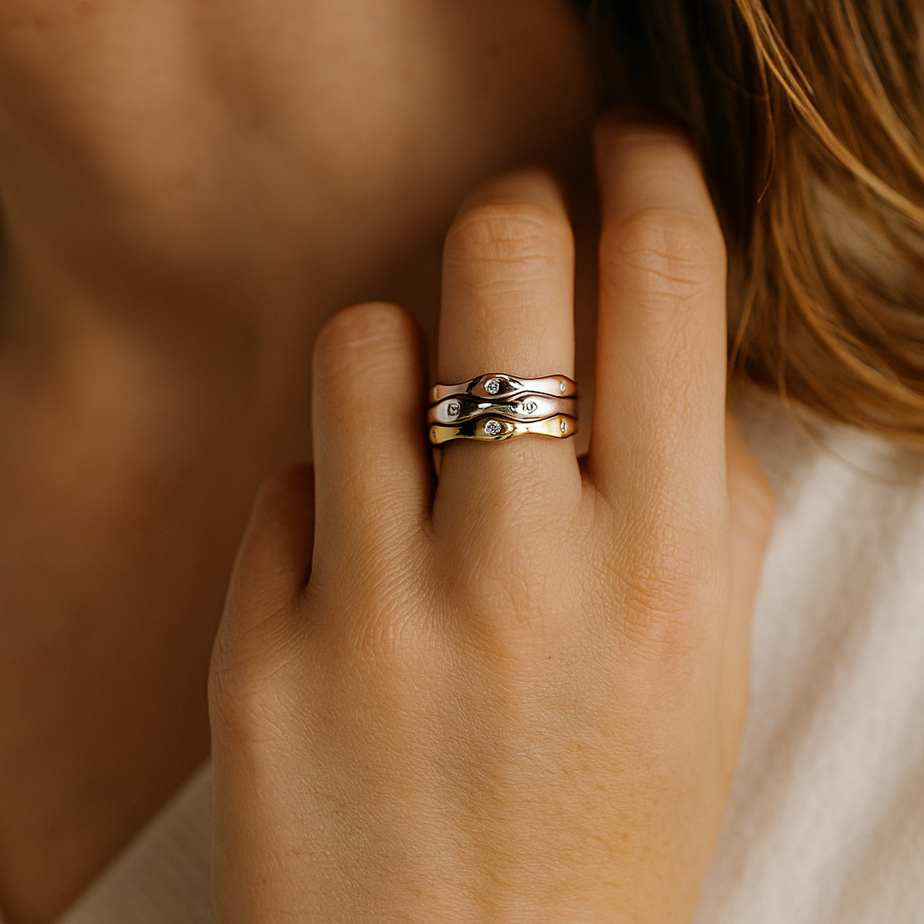 9ct three tone gold wave shape ring, with natural diamonds solid chunky bands, model is wearing fogal and barnes ring
