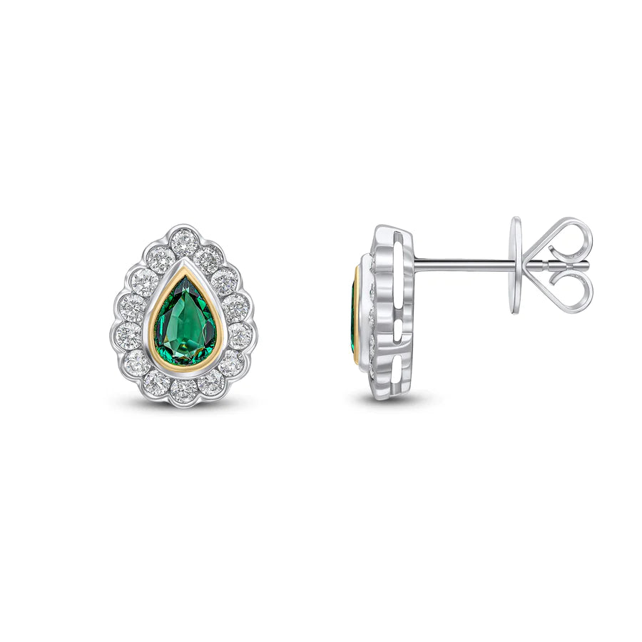 WHITE & YELLOW GOLD PEAR EMERALD STUD EARRINGS