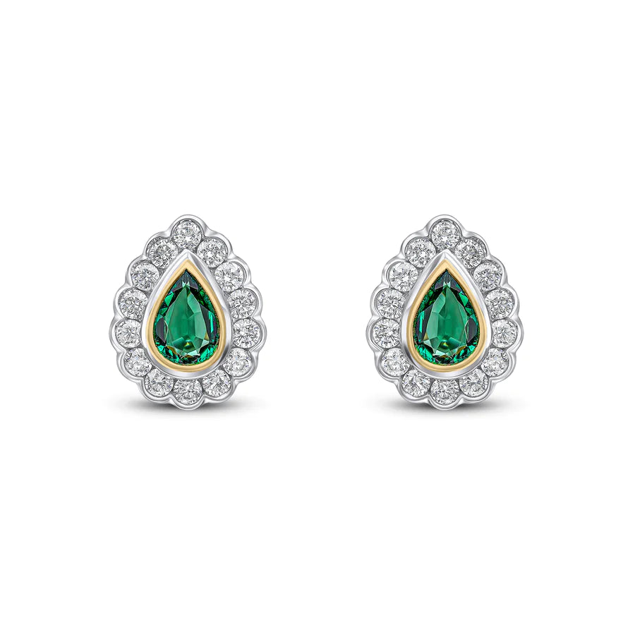 WHITE & YELLOW GOLD PEAR EMERALD STUD EARRINGS