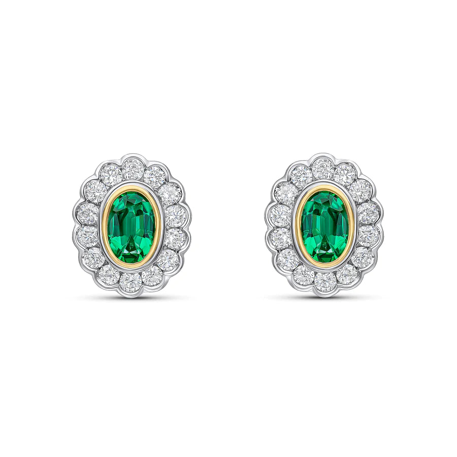 WHITE & YELLOW GOLD OVAL EMERALD STUD EARRINGS