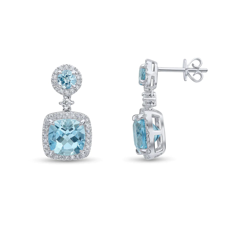 WHITE GOLD ROUND & CUSHION AQUAMARINE CLUSTER EARRINGS
