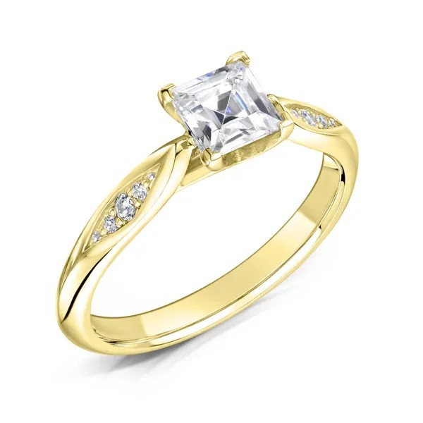 Princess cut diamond solitaire engagement ring arrogate with diamond twirl / twist band crafted in 18ct yellow gold at Fogal and Barnes Fine Jewellers independent