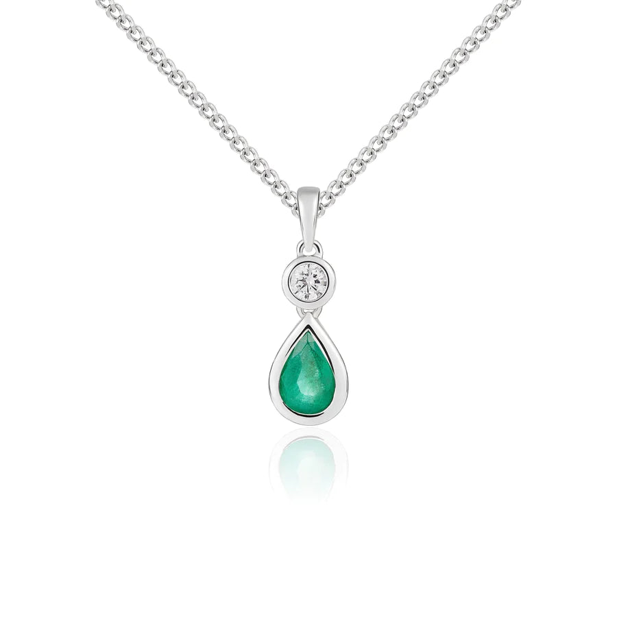 18K WHITE GOLD PEAR EMERALD & ROUND DIAMOND PENDANT- HARROGATE