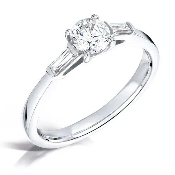 Round Brilliant Trilogy Engagement Ring Harrogate Taperred Baguette Diamonds on side Fogal and Barnes Fine Jewellers in Harrogate