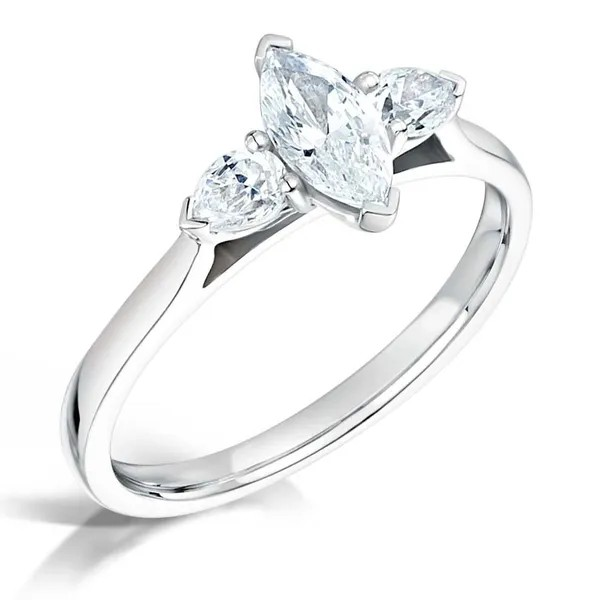 Marquise center diamond with 2 pear cut diamonds on the side. set on 18k white gold from fogal and barnes fine jewellers of harrogate.