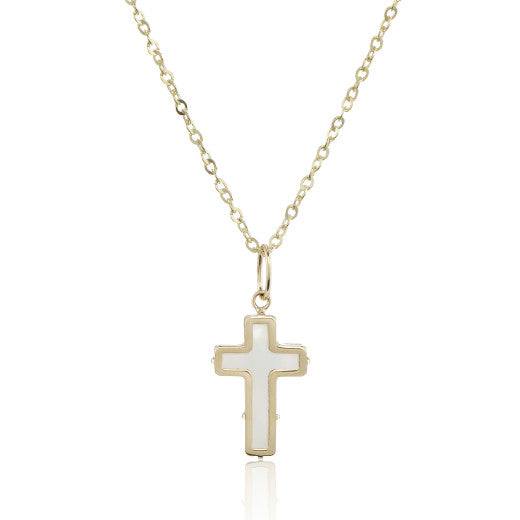 CELESTIAL 9K YELLOW GOLD MOTHER OF PEARL CROSS NECKLACE- HARROGATE