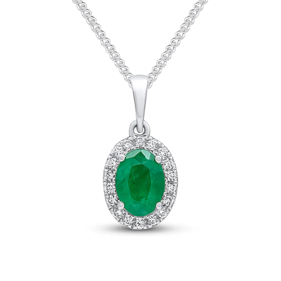 WHITE GOLD OVAL EMERALD CLUSTER PENDANT
