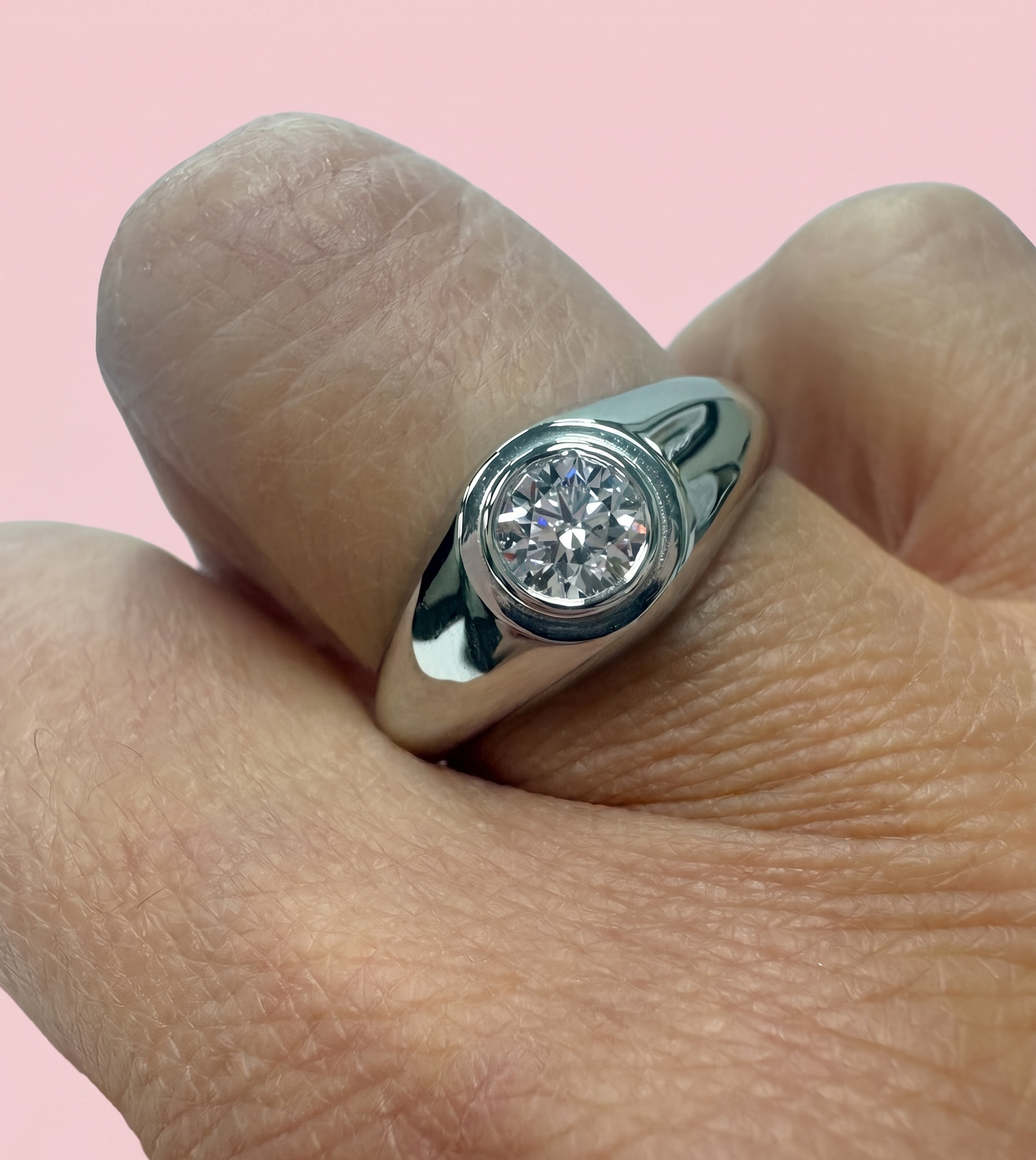 signet ring diamond, chunky signet ring, bezel set diamond ring, tapered band ring, men's diamond signet ring, round brilliant lab grown diamond, lab grown diamond ring UK, bespoke diamond ring Harrogate, platinum signet ring, 18ct gold signet ring, certified lab grown diamond, 0.50ct diamond ring, custom men's ring Yorkshire, statement signet ring, lab grown diamond ring near me, DVS1 diamond ring