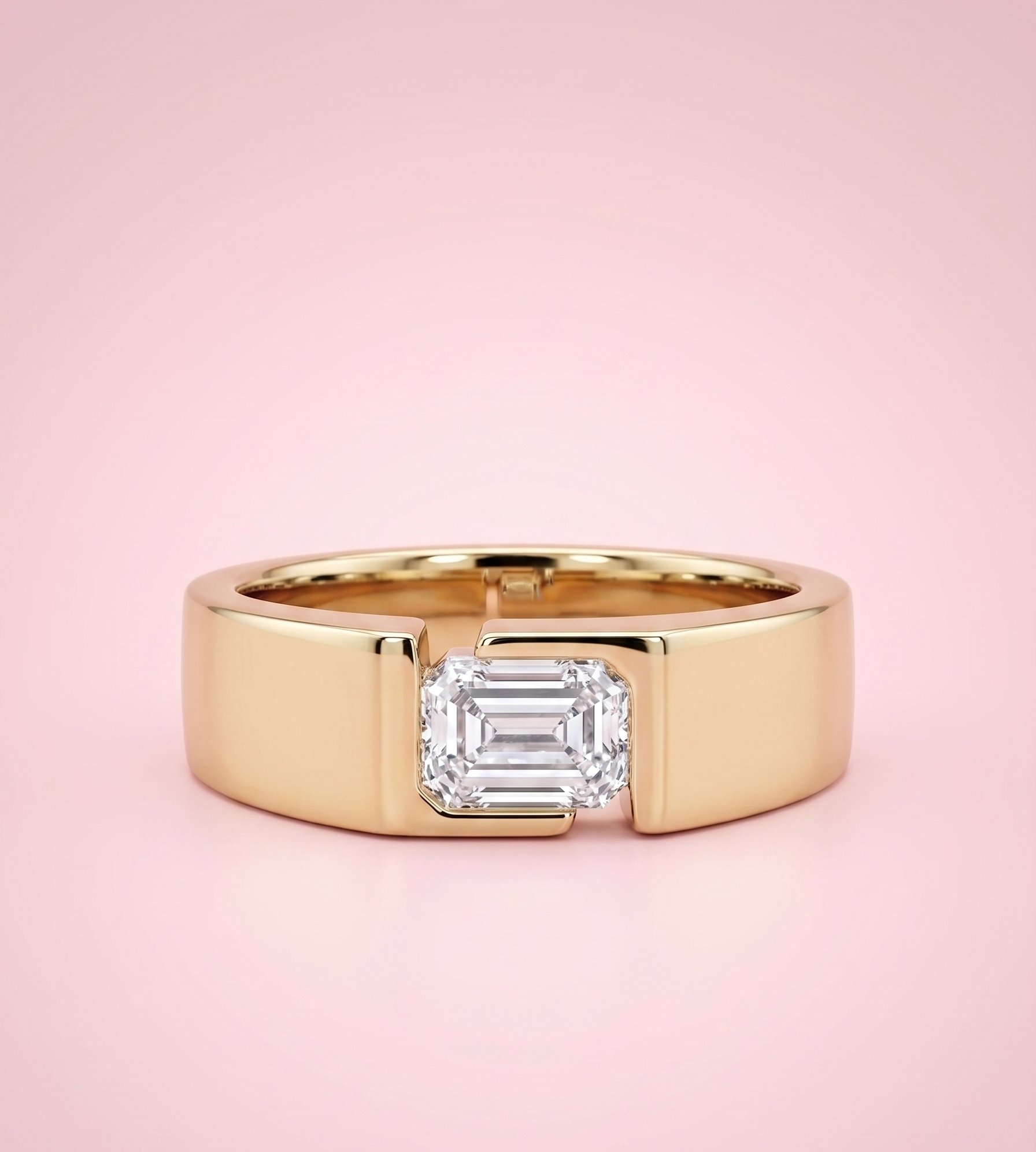 Gold chunky emerald cut lab grown diamond ring set on 18k yellow gold dua lipa and miley cyrus inspired engagement ring, also mens engagement rings