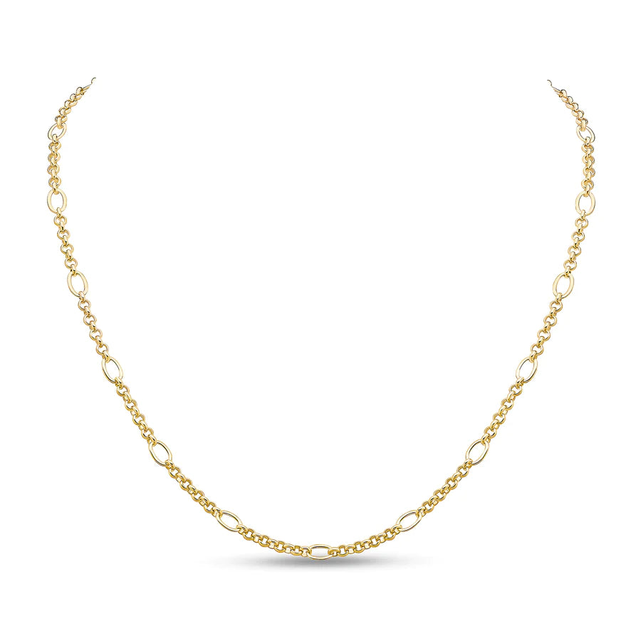 9K YELLOW GOLD 4.5MM OVAL ROUND FIGARO NECKLACE- HARROGATE