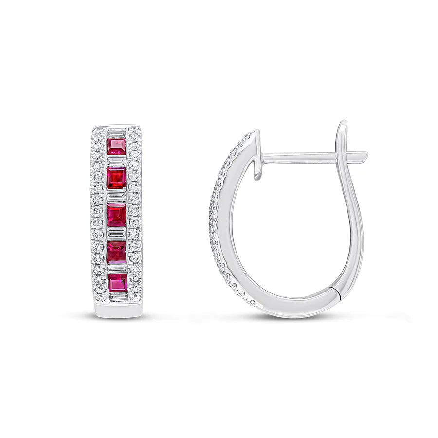 WHITE GOLD SQUARE RUBY HOOP EARRINGS