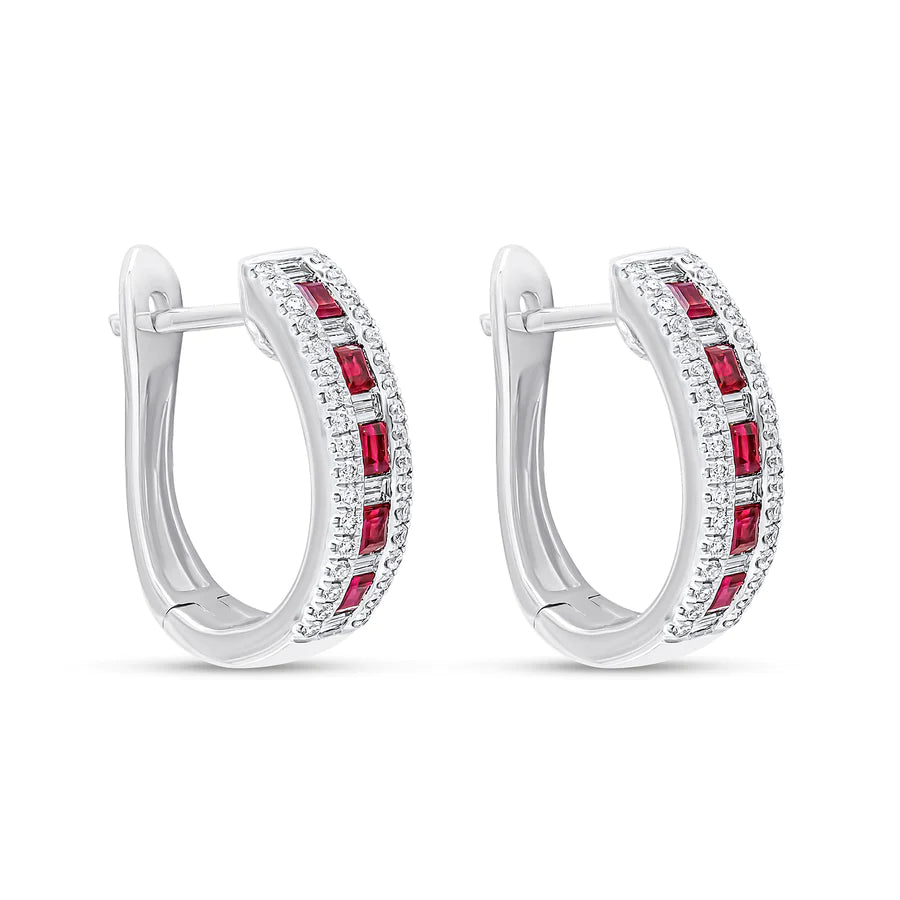 WHITE GOLD SQUARE RUBY HOOP EARRINGS