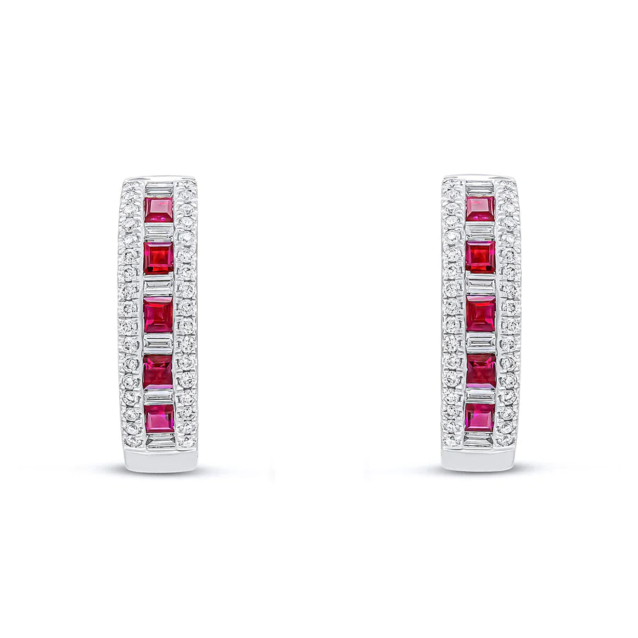 WHITE GOLD SQUARE RUBY HOOP EARRINGS