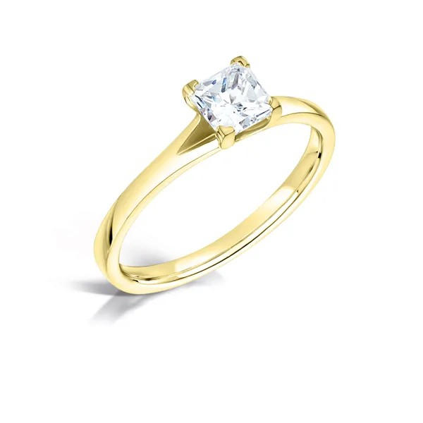 Princess cut diamond solitaire v open band engagement ring Harrogate, Set in 18ct yellow gold Fogal and Barnes Fine Jewellers of Harrogate