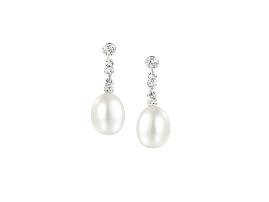 FRESHWATER PEARL AND CZ SILVER DROP EARRINGS