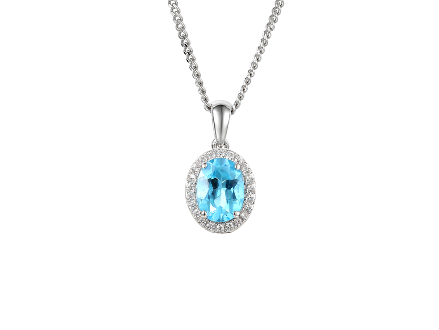 OVAL BLUE TOPAZ AND CZ SILVER NECKLACE