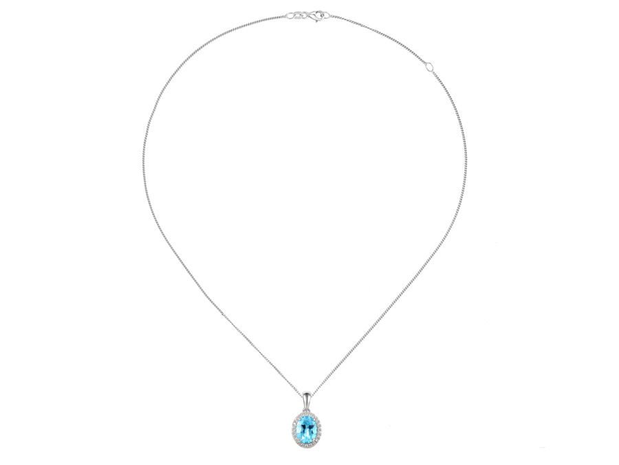 OVAL BLUE TOPAZ AND CZ SILVER NECKLACE