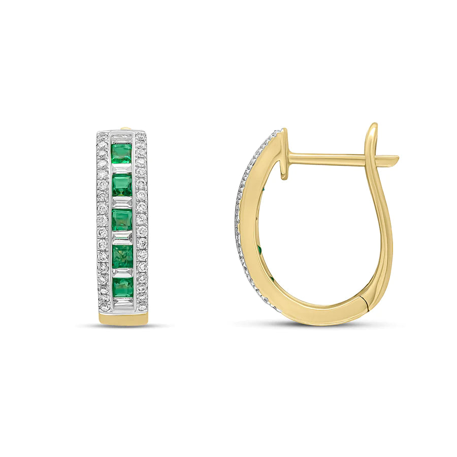 18K YELLOW GOLD EMERALD BAGUETTE & ROUND DIAMOND HOOPS- HARROGATE