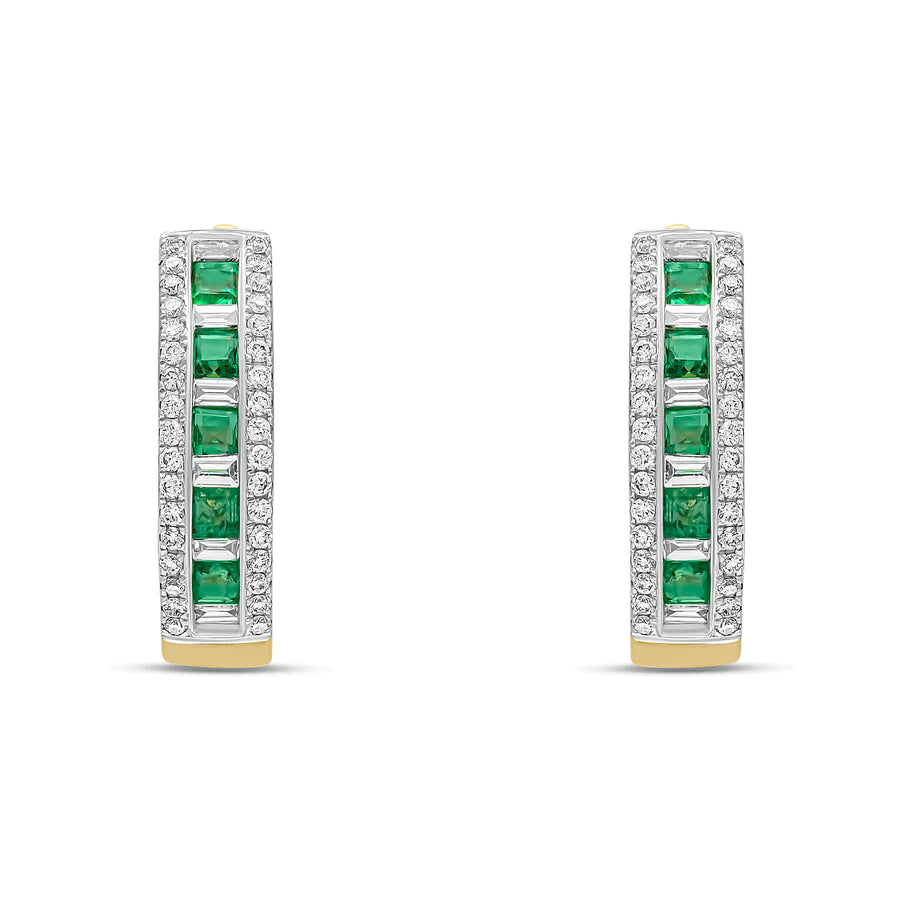 18K YELLOW GOLD EMERALD BAGUETTE & ROUND DIAMOND HOOPS- HARROGATE