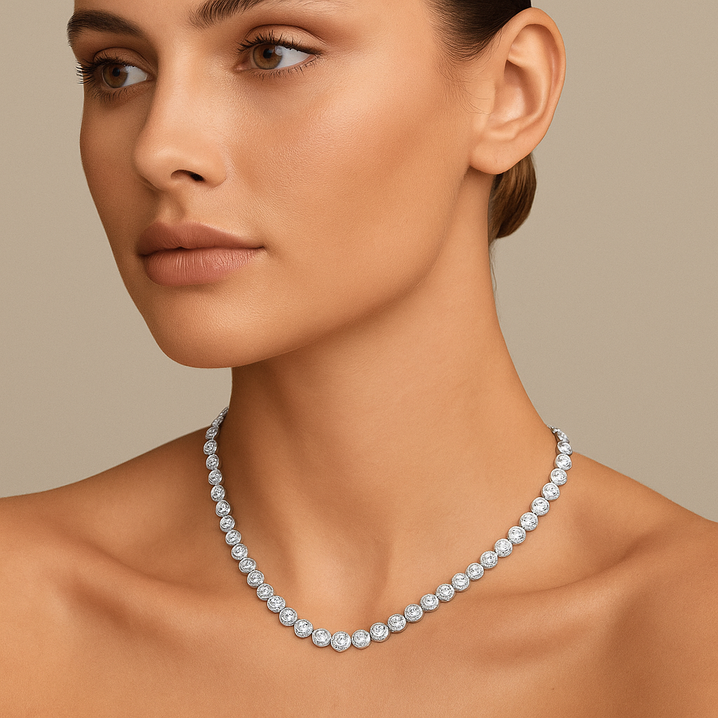 Woman wearing a CZ Tennis halo necklace against a neutral background