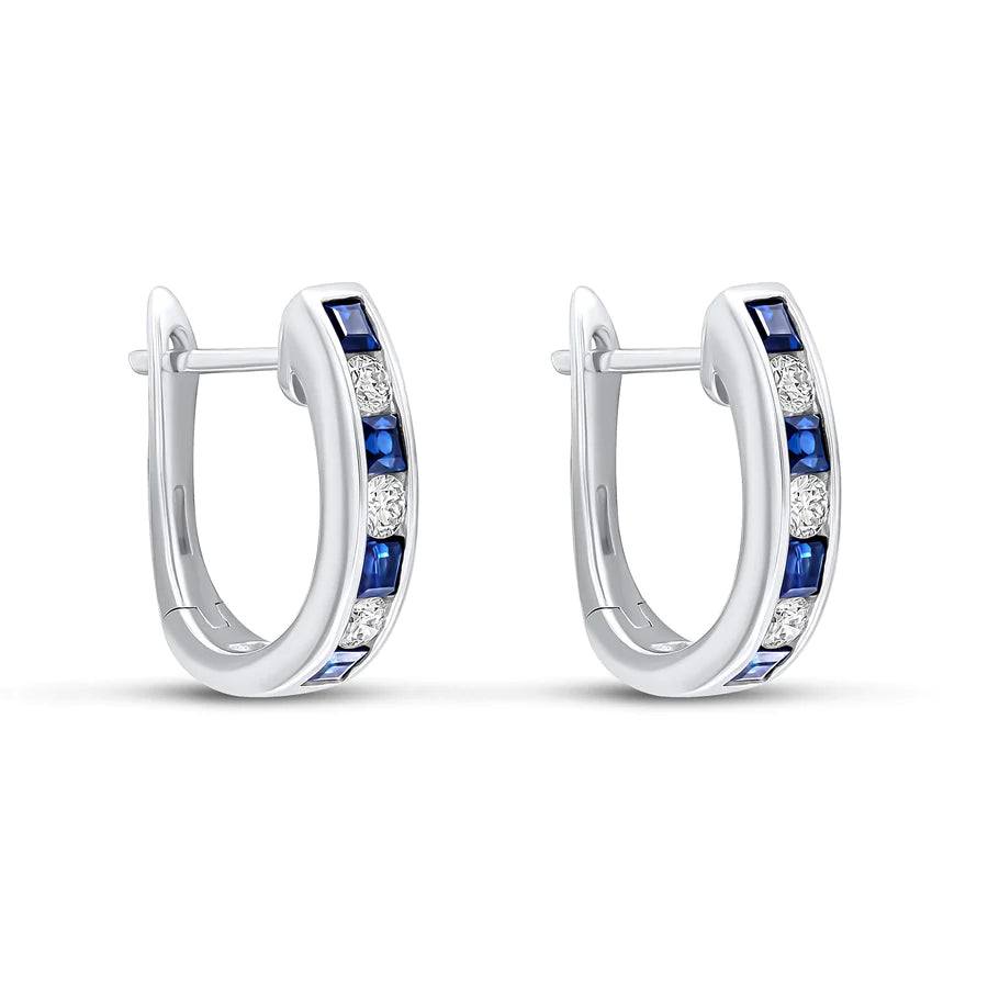 WHITE GOLD SQUARE SAPPHIRE CHANNEL HOOP EARRINGS