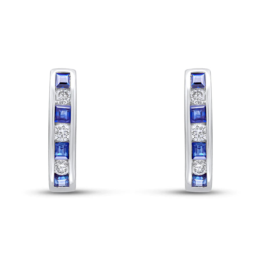 WHITE GOLD SQUARE SAPPHIRE CHANNEL HOOP EARRINGS