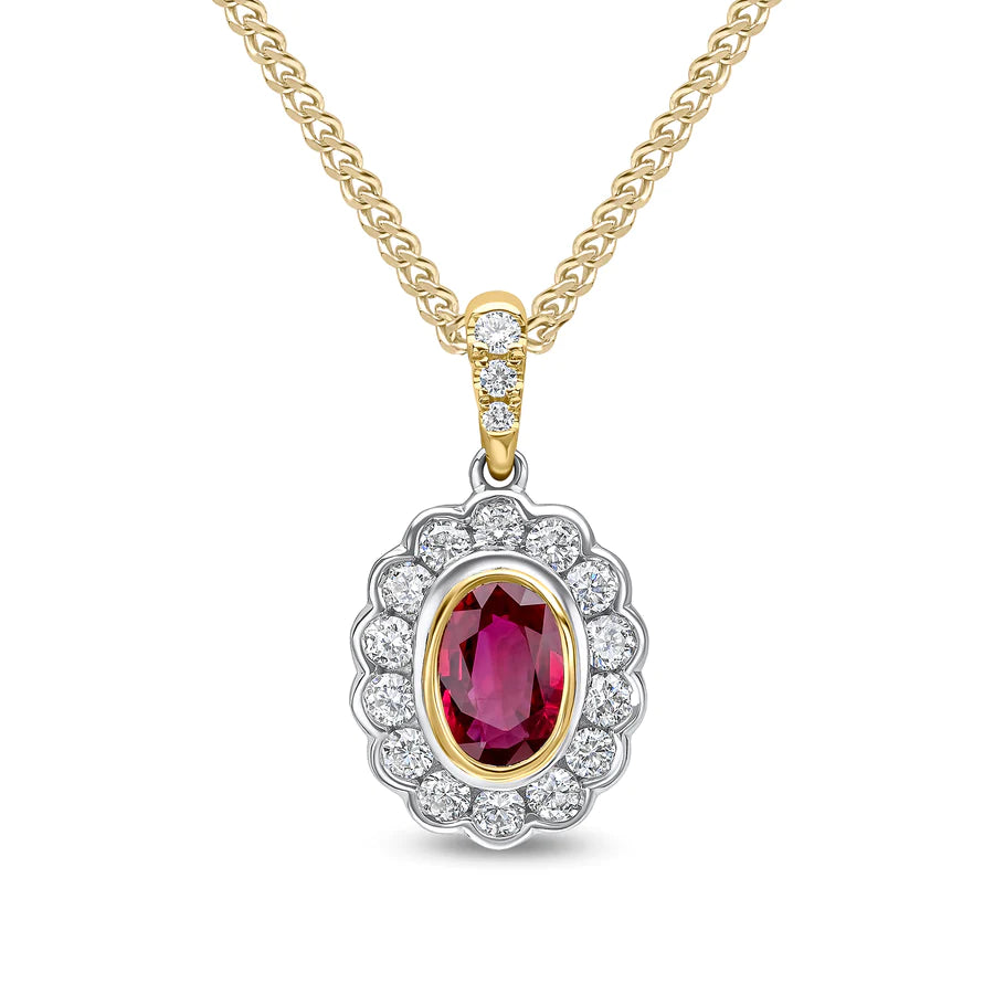 18K YELLOW & WHITE GOLD OVAL RUBY CLUSTER PENDANT- HARROGATE