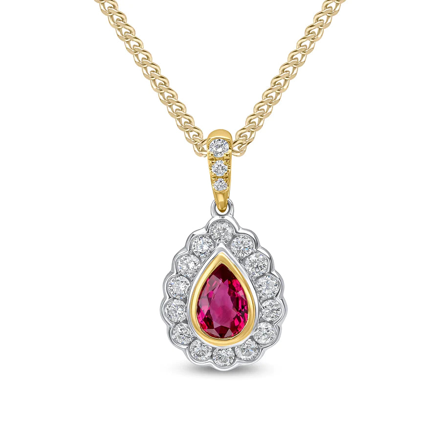 18K YELLOW & WHITE GOLD PEAR RUBY DIAMOND PENDANT- HARROGATE
