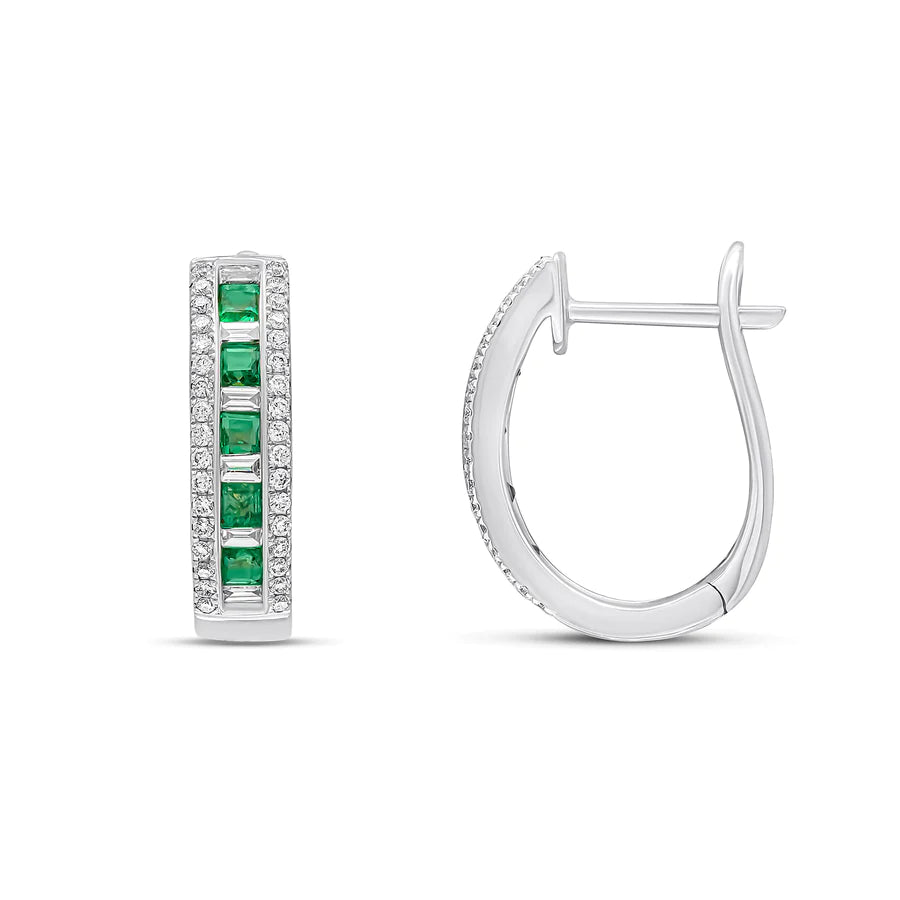 WHITE GOLD SQUARE EMERALD BAGUETTE & DIAMOND HOOP EARRINGS