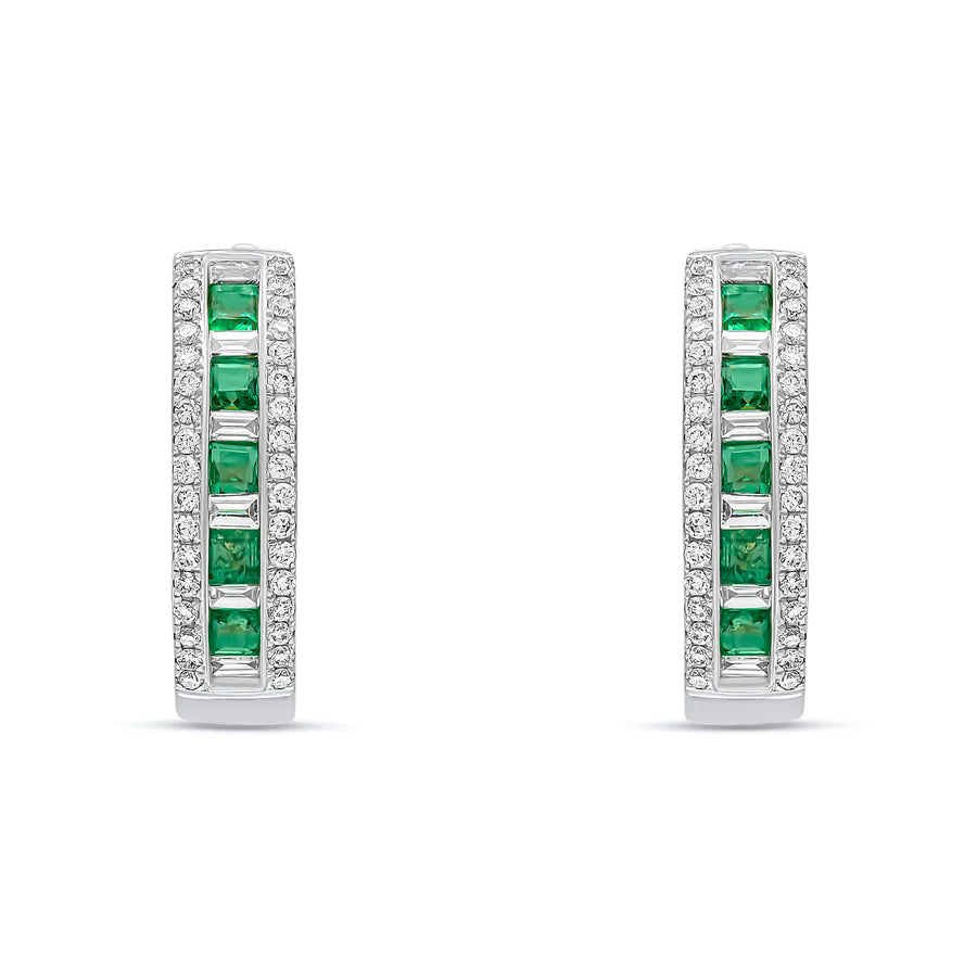 WHITE GOLD SQUARE EMERALD BAGUETTE & DIAMOND HOOP EARRINGS