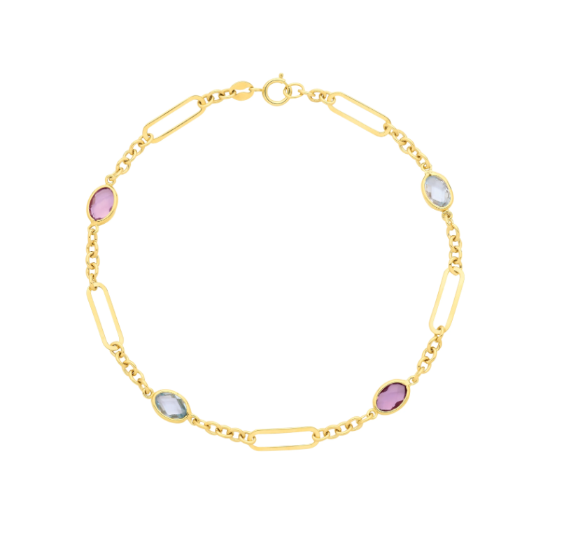 9ct yellow gold bracelet featuring amethyst and blue topaz gemstones with belcher and bar link design. Visit Fogal & Barnes Harrogate to try it on.