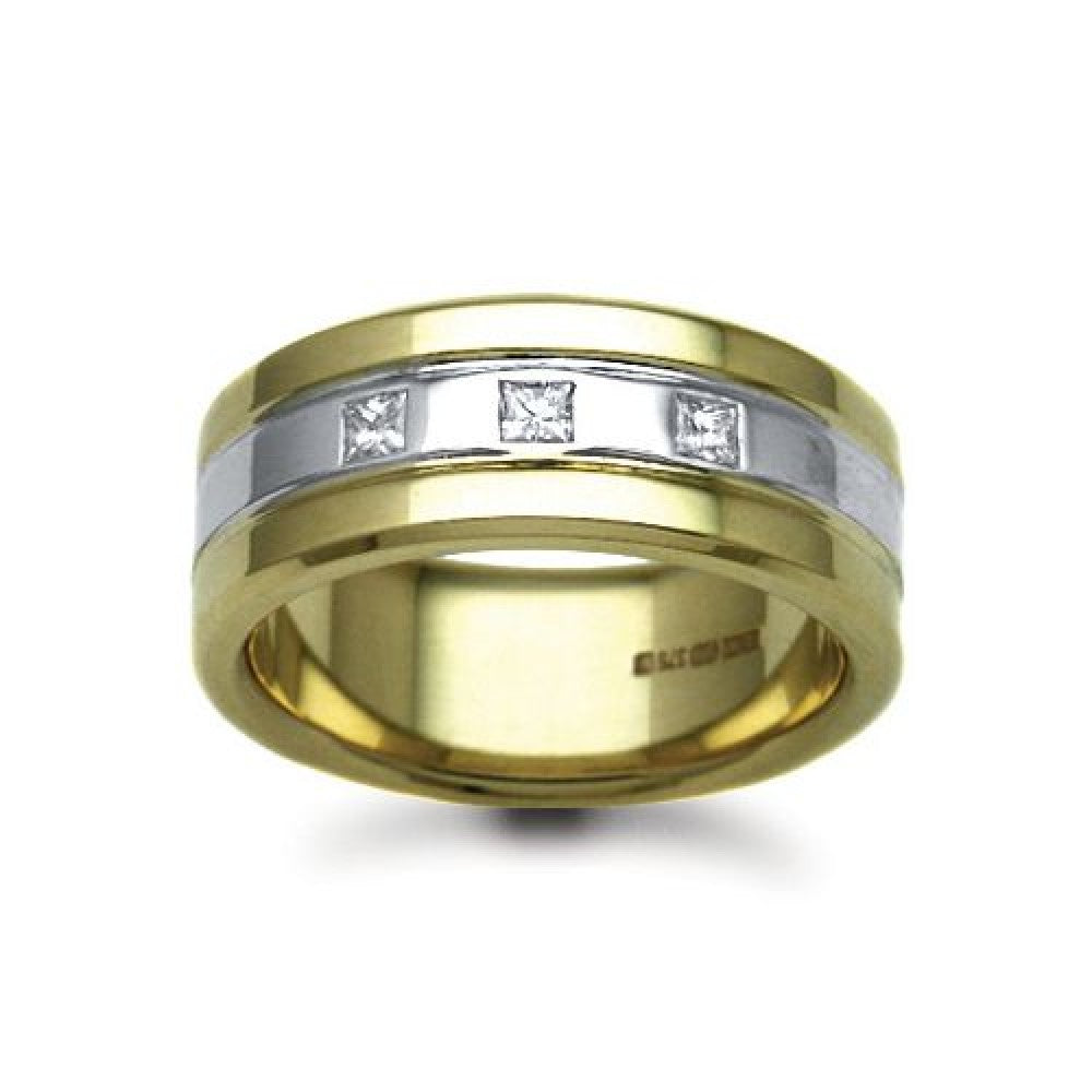 9ct yellow and white gold 7mm wedding ring with four princess-cut rubover diamonds hand-made by Fogal & Barnes Harrogate