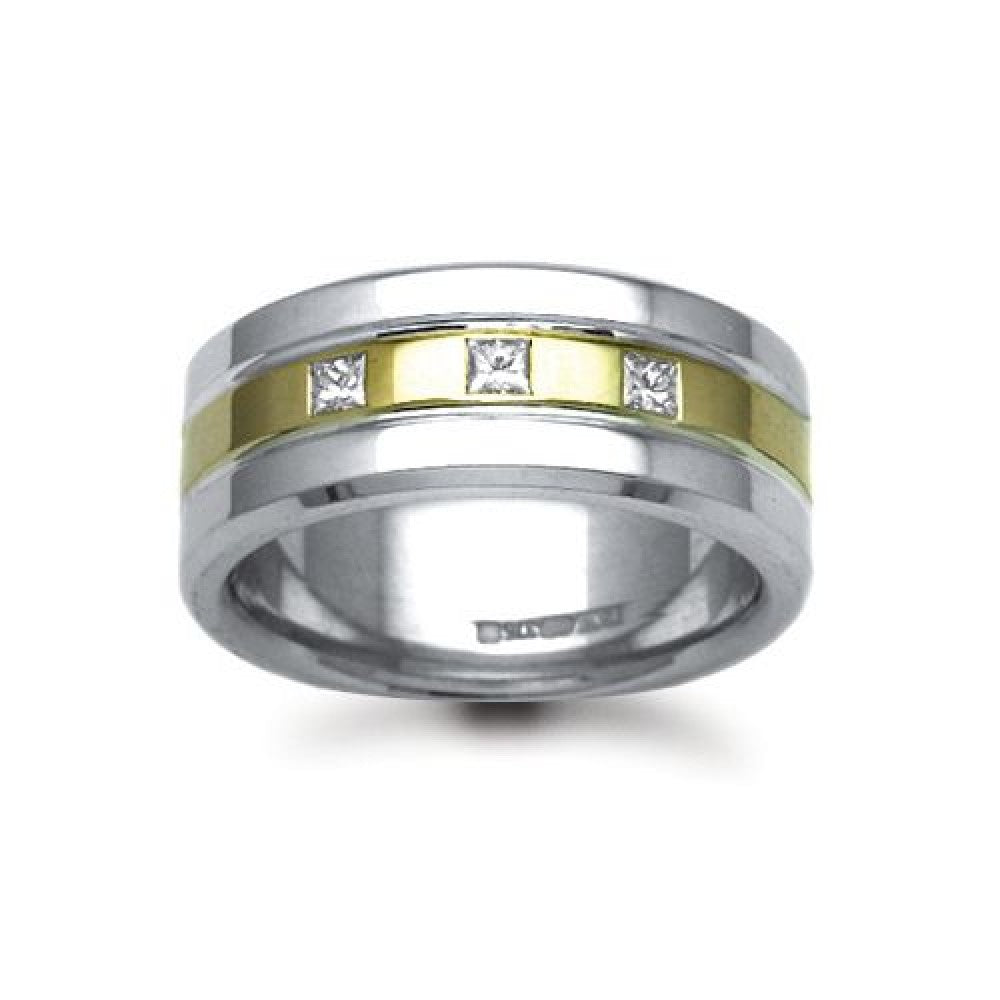 9ct yellow and white gold 7mm wedding ring with princess-cut rubover-set diamonds hand-made by Fogal & Barnes Harrogate