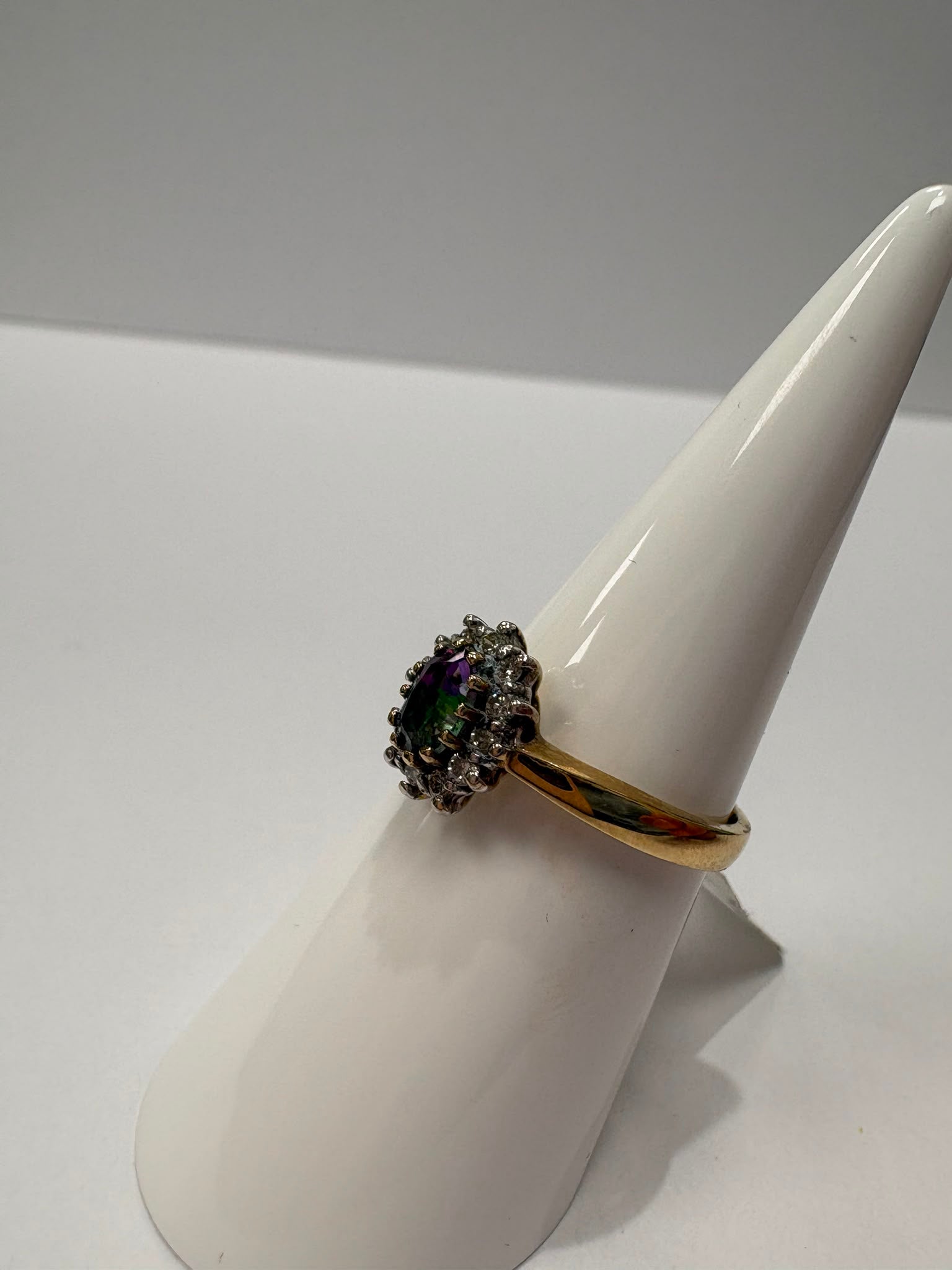 mystic topaz ring, mystic topaz and diamond ring, second hand mystic topaz ring UK, pre-loved topaz ring, vintage mystic topaz ring, 9ct gold topaz cluster ring, rainbow topaz ring, diamond cluster ring second hand, second hand jewellery Harrogate, second hand jewellery Leeds, second hand jewellery York, second hand jewellery Yorkshire, pre-owned gemstone ring UK, antique style topaz ring, colourful gemstone ring, buy second hand mystic topaz ring, mystic topaz ring size N, mystic topaz ring near me, fine j