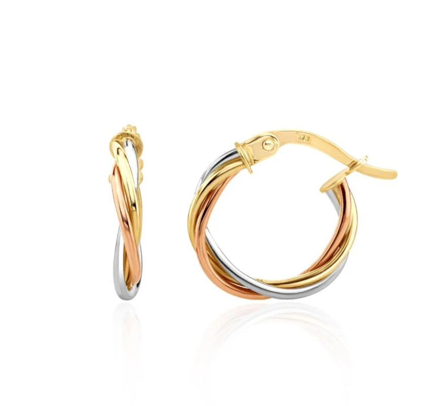 9k three tone gold hoop twisted earrings from fogal and barnes fine jewellers of harrogate. 9k yellow, white and rose gold modern twist hoops. Jewellery shop in Harrogate.