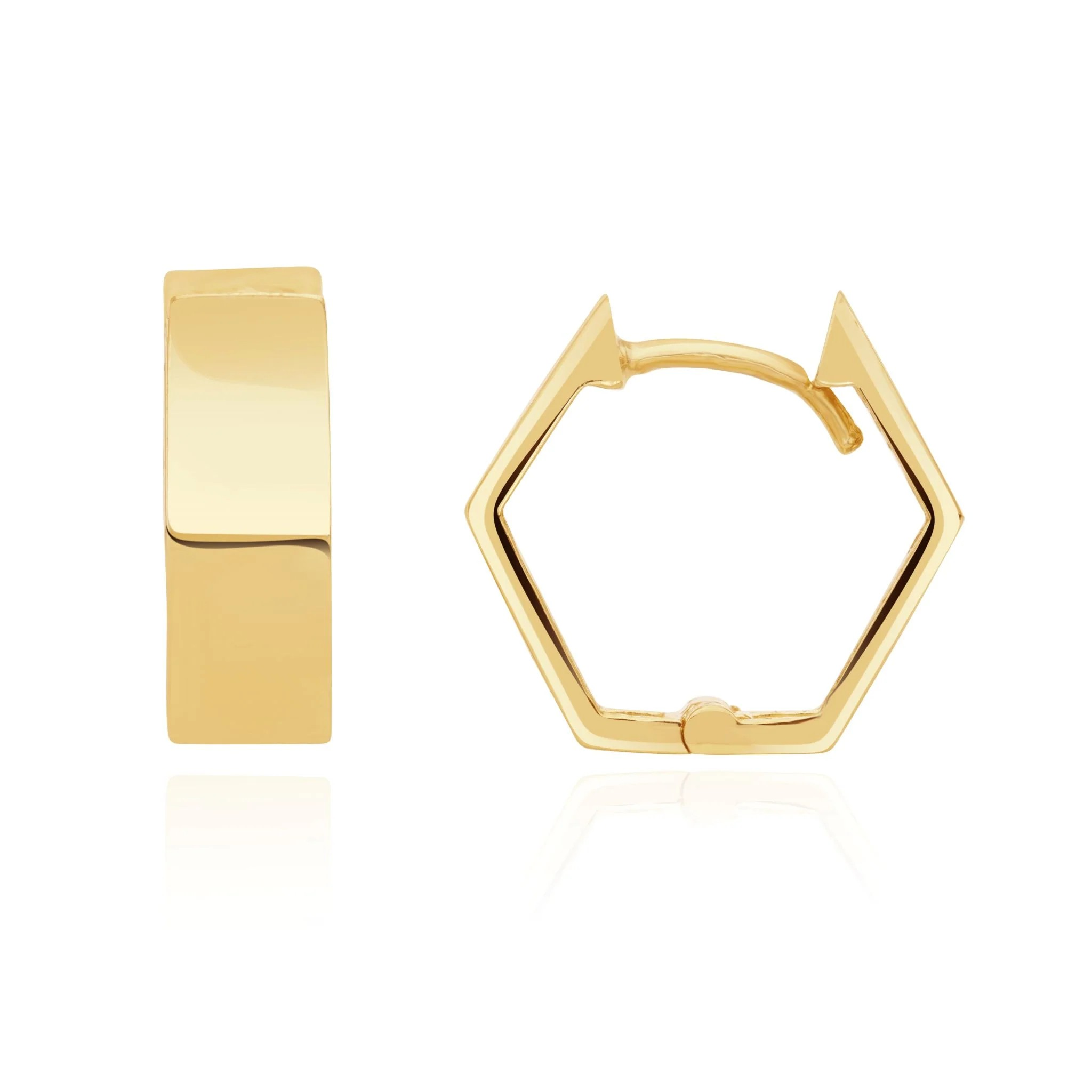 9k yellow gold hexagonal huggy hoop earrings, from fogal and barnes fine jewellers of harrogate. Unique earrings everyday . Modern gold hoops